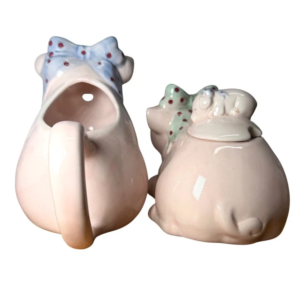 Vintage Pig Creamer and Sugar Bowl Set‎ Pink Ceramic Polka Dot Bows Farmhouse